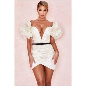 Mable Alvin Ruffle Cream Evening Dress Puff Sleeves Ruched Formal Unique Fancy S